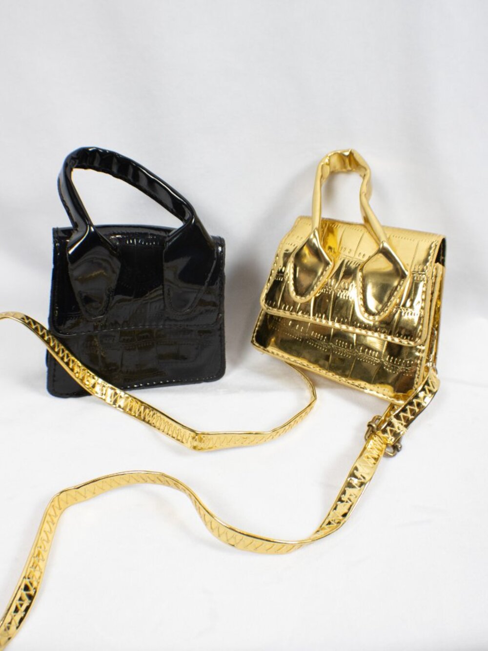 Set of 2: Unbranded Micro Mini Croc Embossed Crossbody Bags – Black & Gold